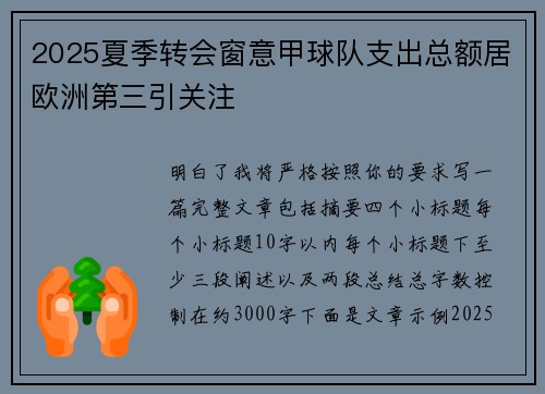 2025夏季转会窗意甲球队支出总额居欧洲第三引关注