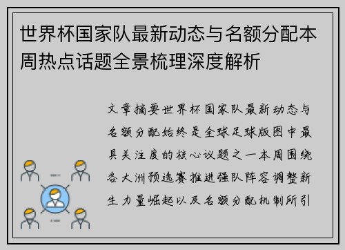 世界杯国家队最新动态与名额分配本周热点话题全景梳理深度解析