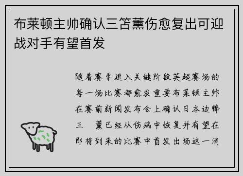 布莱顿主帅确认三笘薰伤愈复出可迎战对手有望首发